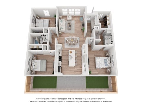 Floor plan for 3 beds, 2 baths, 1226 sqft